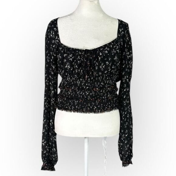 Free People Lolita Top Womens Large Black Floral Long Sleeve Smocked Square Neck - Picture 3 of 13